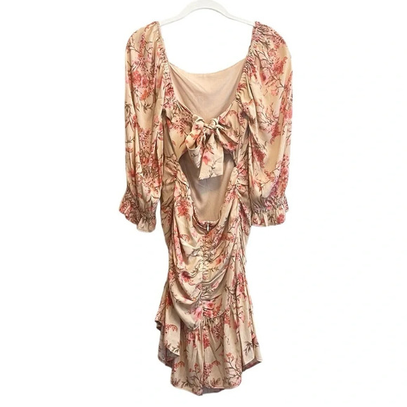 Coquette Boho Cottagecore Dress Cut Out Pink Floral  Dress Puff Sleeves L - Picture 2 of 14